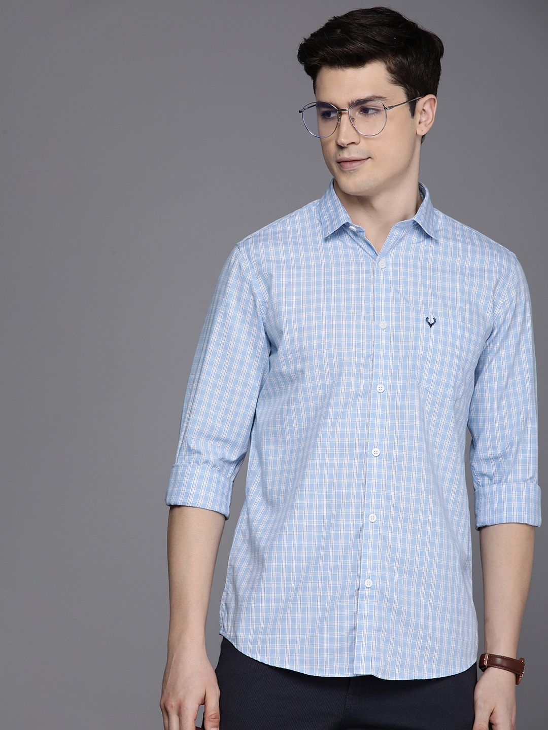 

Allen Solly Men Slim Fit Opaque Checked Pure Cotton Casual Shirt, Blue