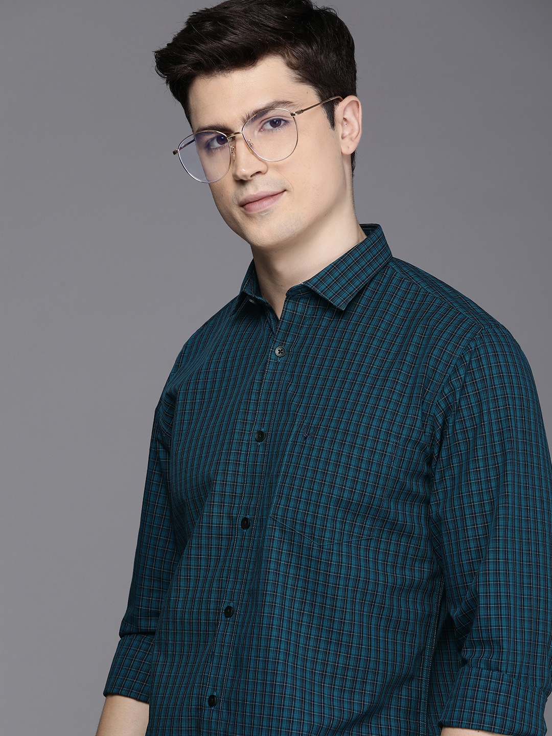 

Allen Solly Men Slim Fit Opaque Checked Pure Cotton Casual Shirt, Teal