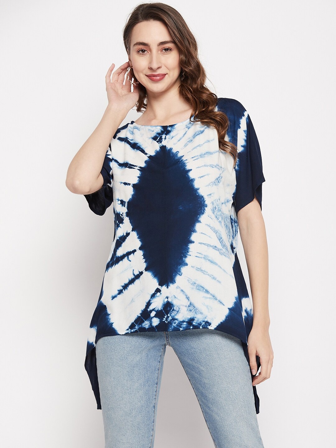 

Ruhaans Tie & Dyed High-Low Longline Top, Navy blue