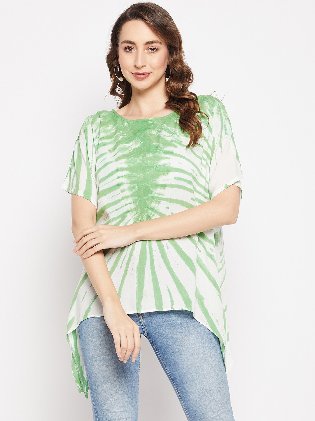 

Ruhaans Tie And Dye Printed High-Low Top, Green