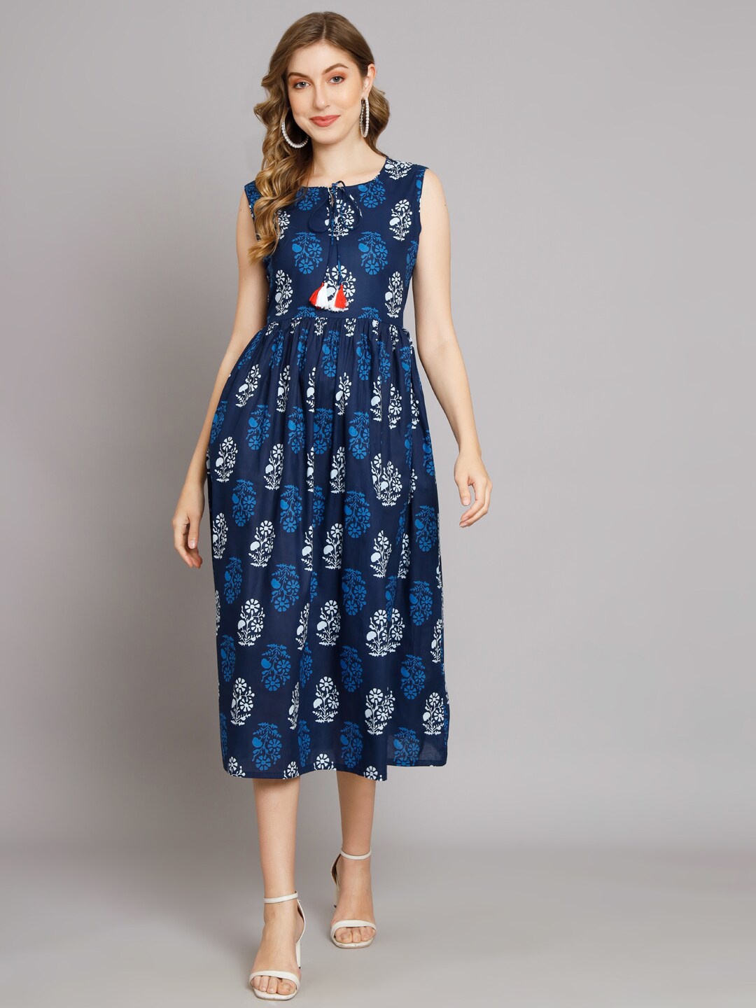 

DECKEDUP Ethnic Motifs Print Tie-Up Neck Fit & Flare Midi Dress, Navy blue