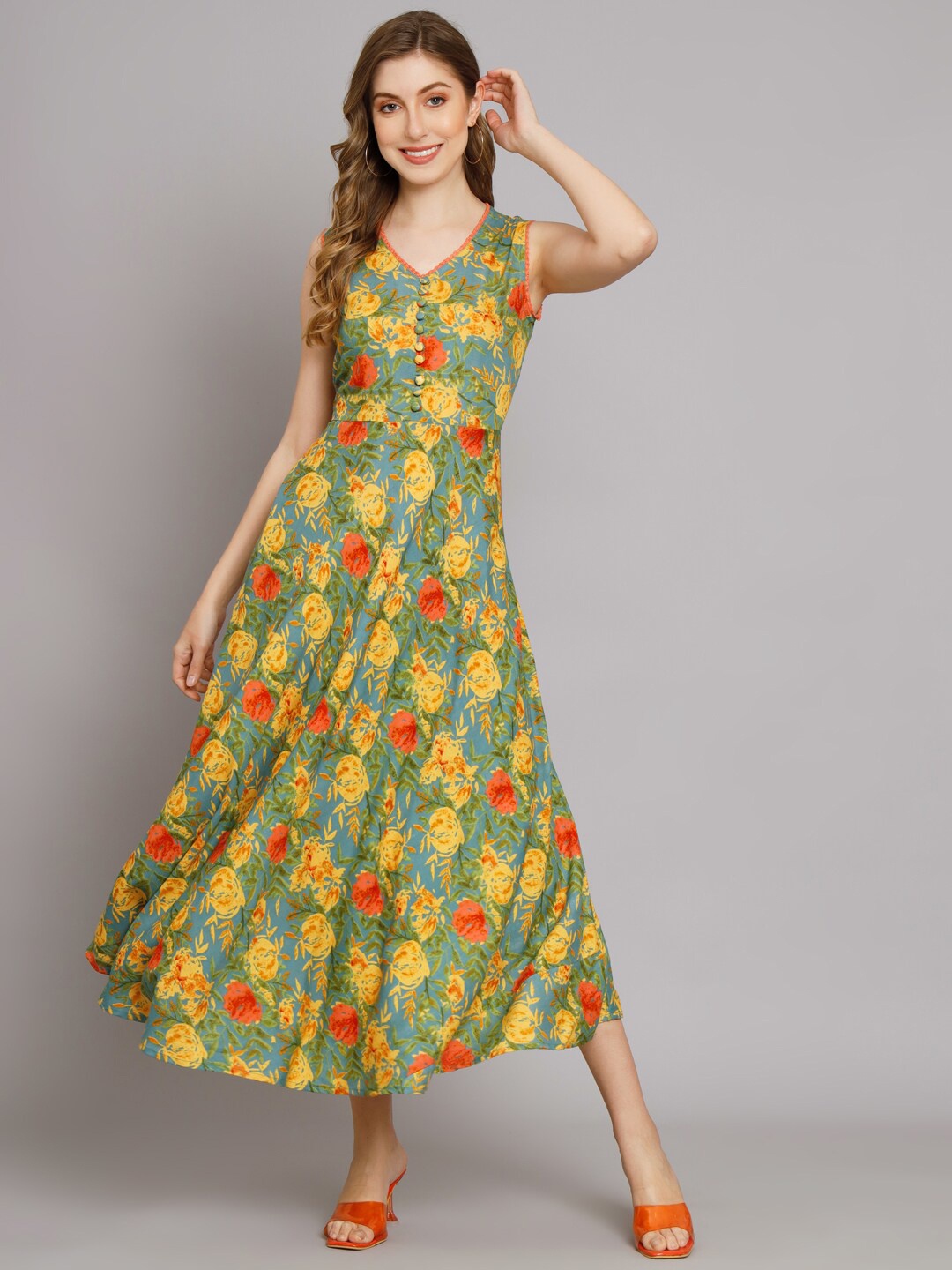 

DECKEDUP Floral Print V-Neck Lace Insert Maxi Dress, Sea green