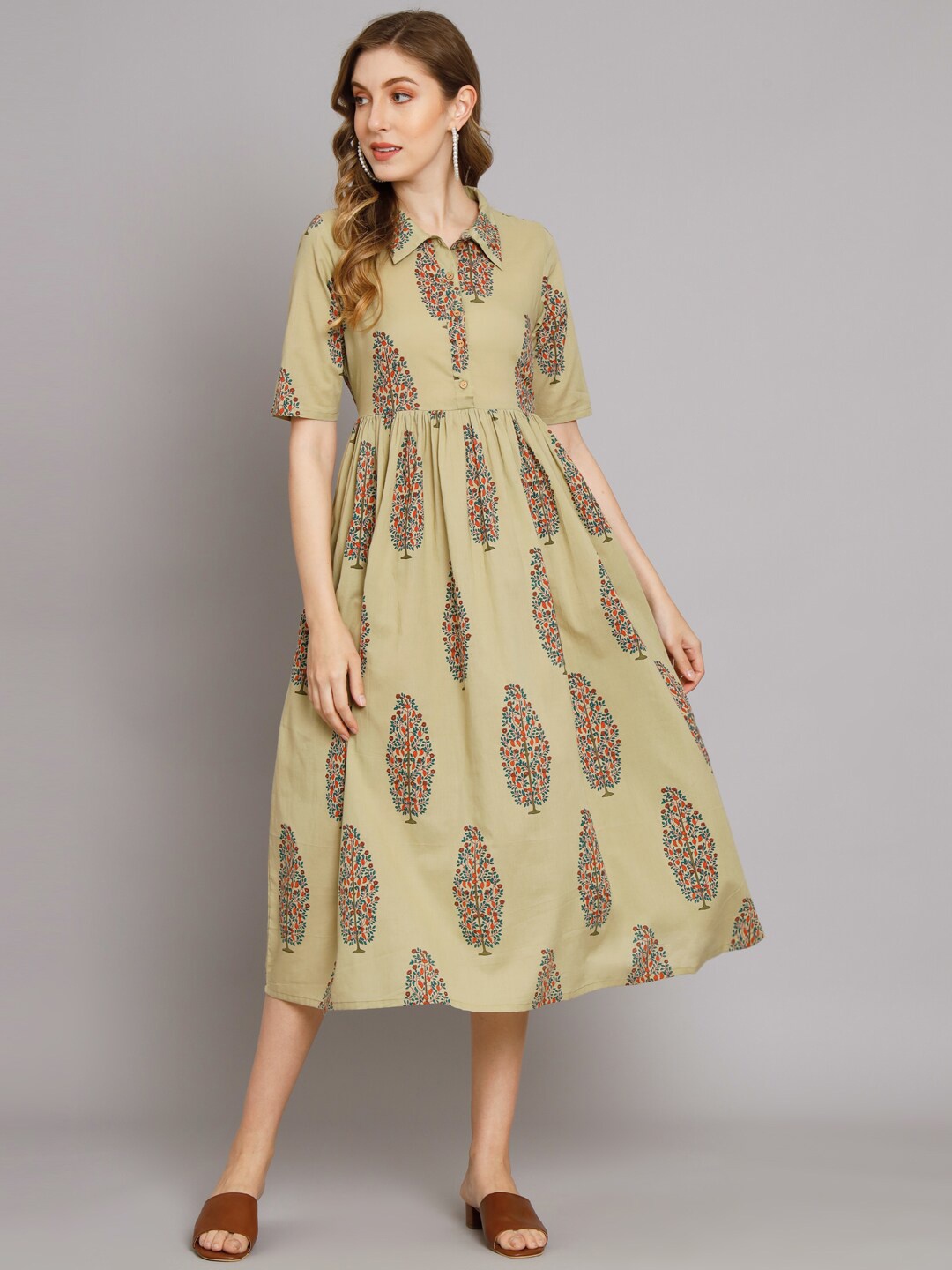 

DECKEDUP Ethnic Motifs Print Shirt Collar Cotton A-Line Midi Dress, Khaki