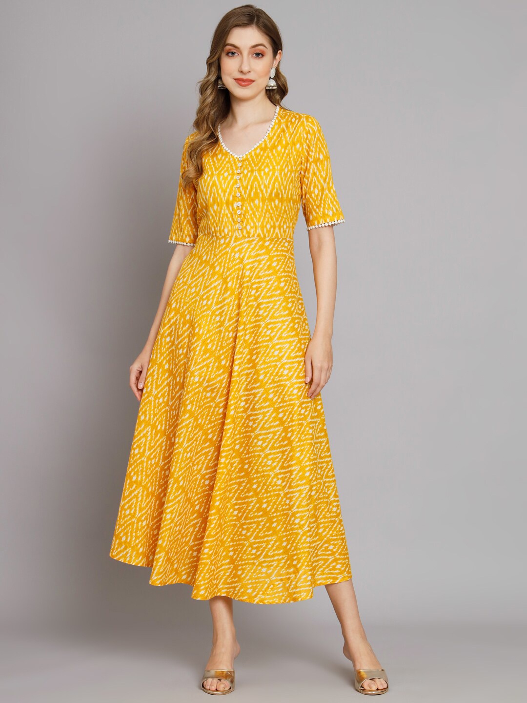 

DECKEDUP Floral Print Cotton Maxi Ethnic Dresses, Yellow