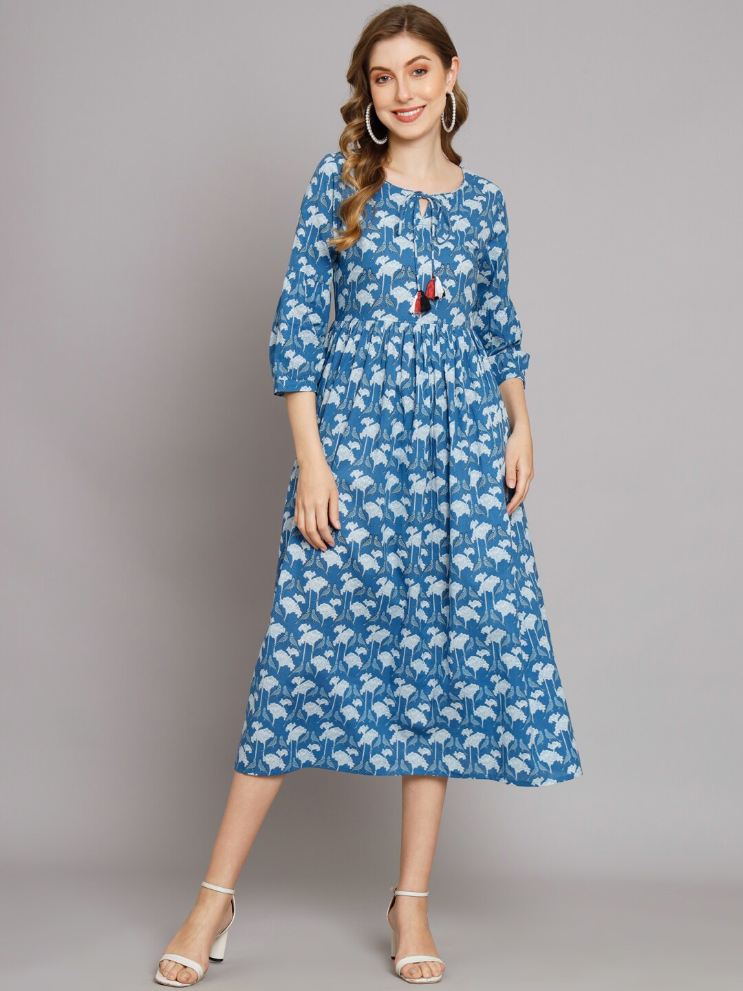 

DECKEDUP Floral Print Tie-Up Neck Cotton A-Line Midi Dress, Blue