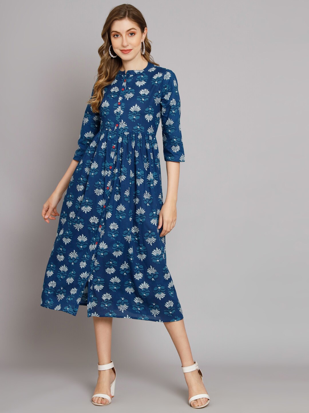 

DECKEDUP Floral Print Band Collar Cotton A-Line Midi Dress, Navy blue