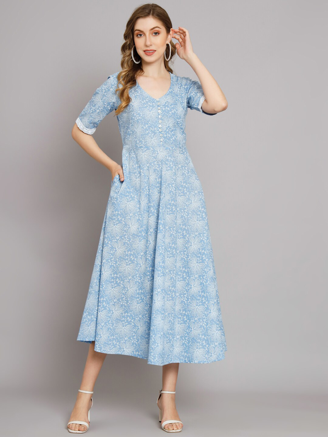 

DECKEDUP Floral Print V-Neck Cotton A-Line Midi Dress, Blue