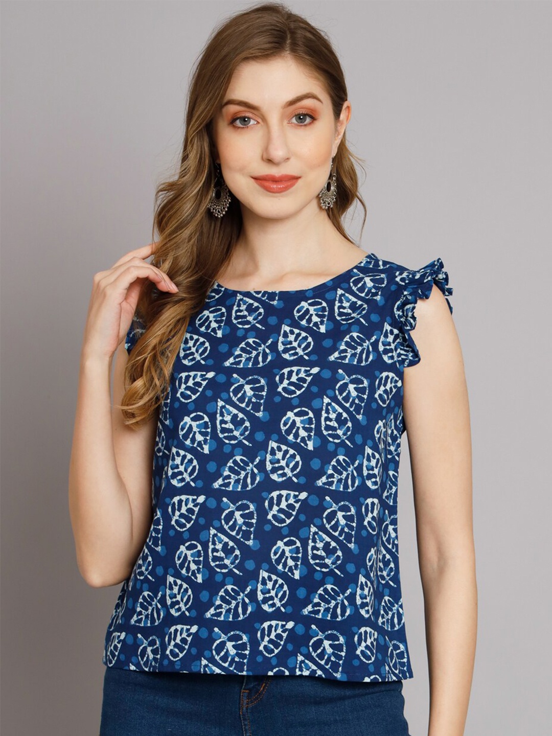 

DECKEDUP Print Flutter Sleeve Cotton Top, Navy blue