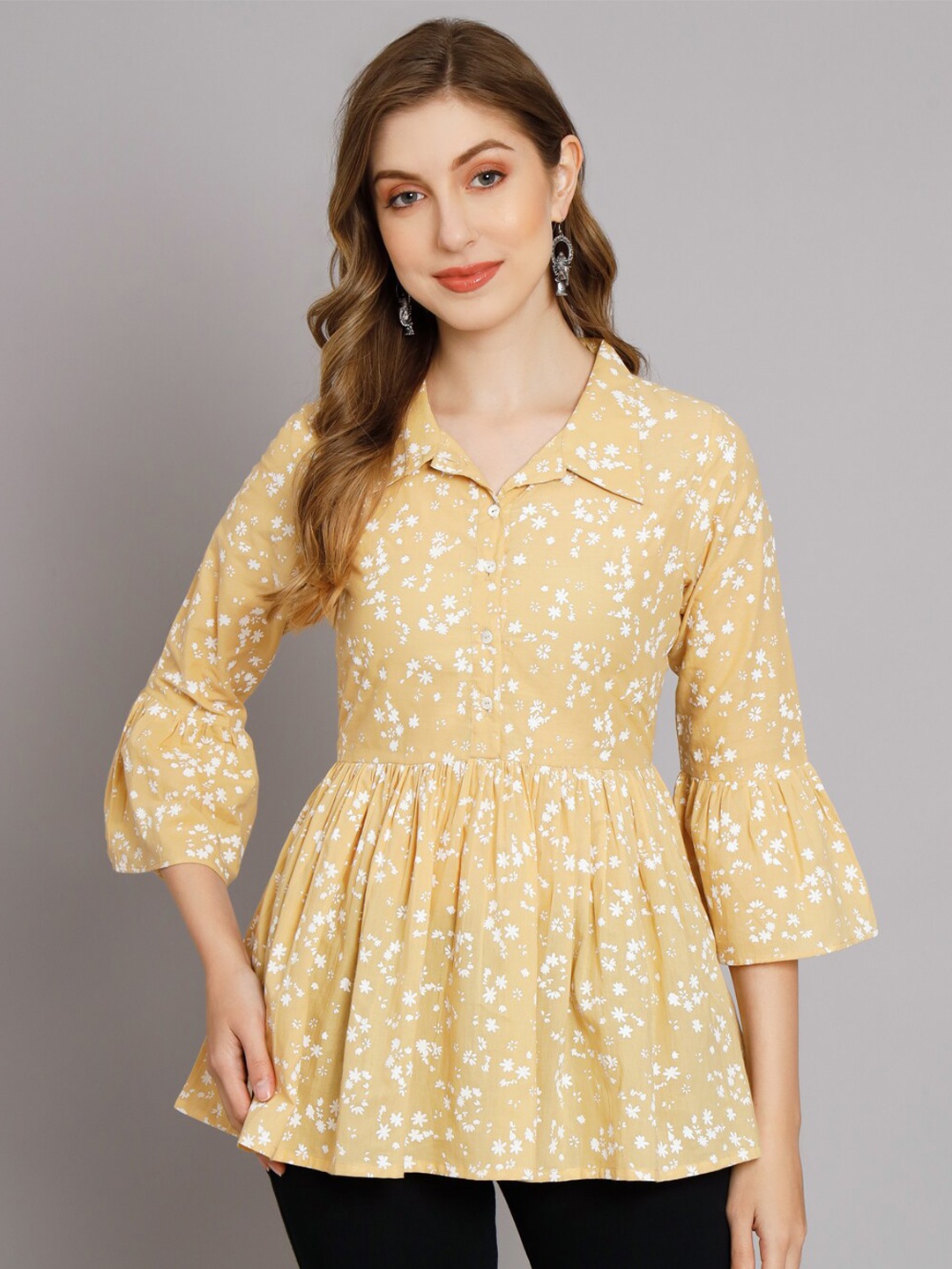 

DECKEDUP Floral Print Bell Sleeve Cotton Peplum Top, Cream