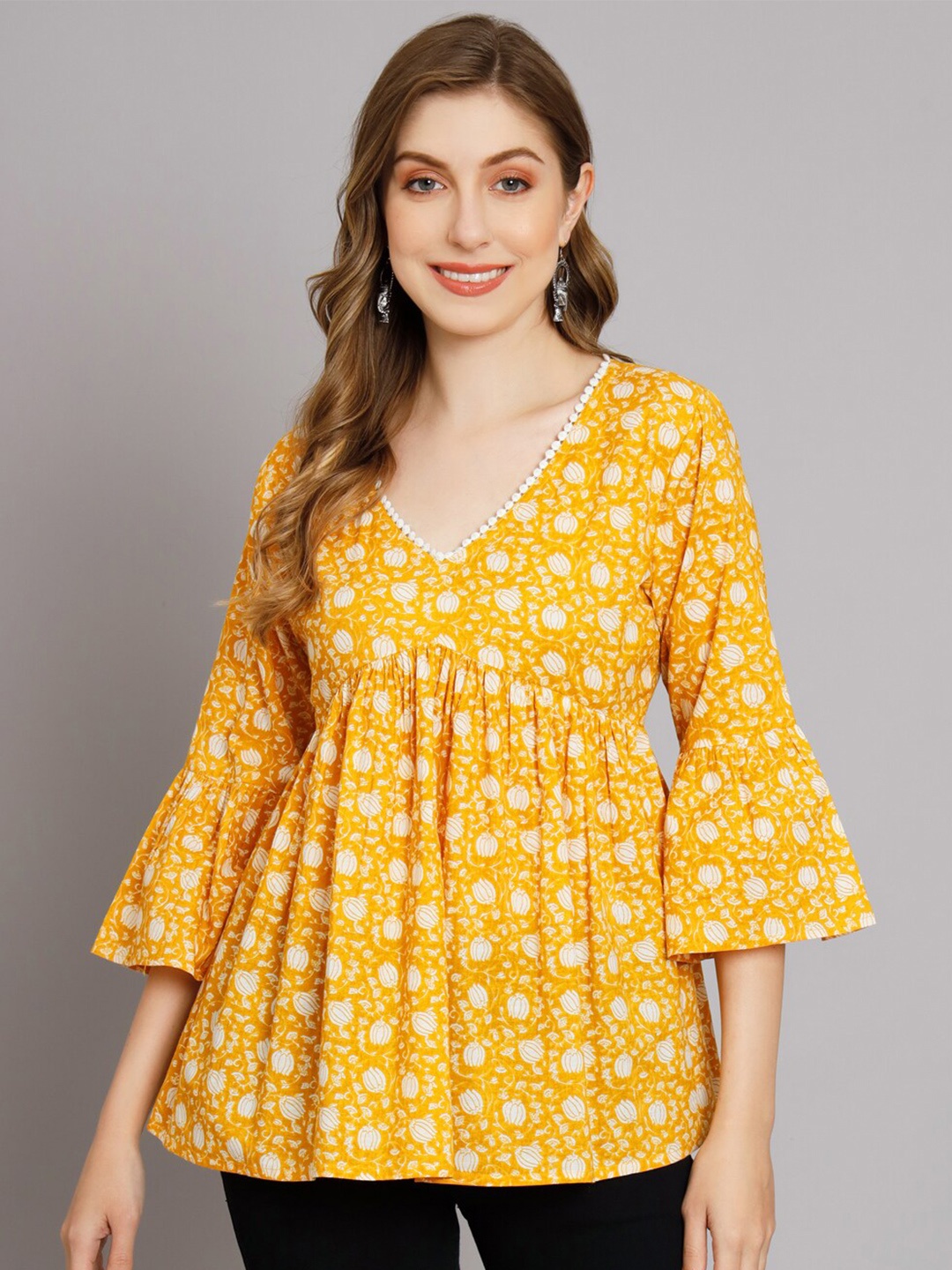 

DECKEDUP Print Bell Sleeve Cotton Empire Top, Yellow