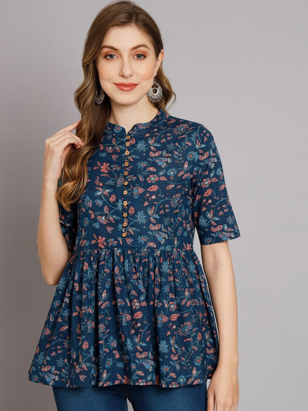 

DECKEDUP Floral Print Mandarin Collar Cotton Top, Blue