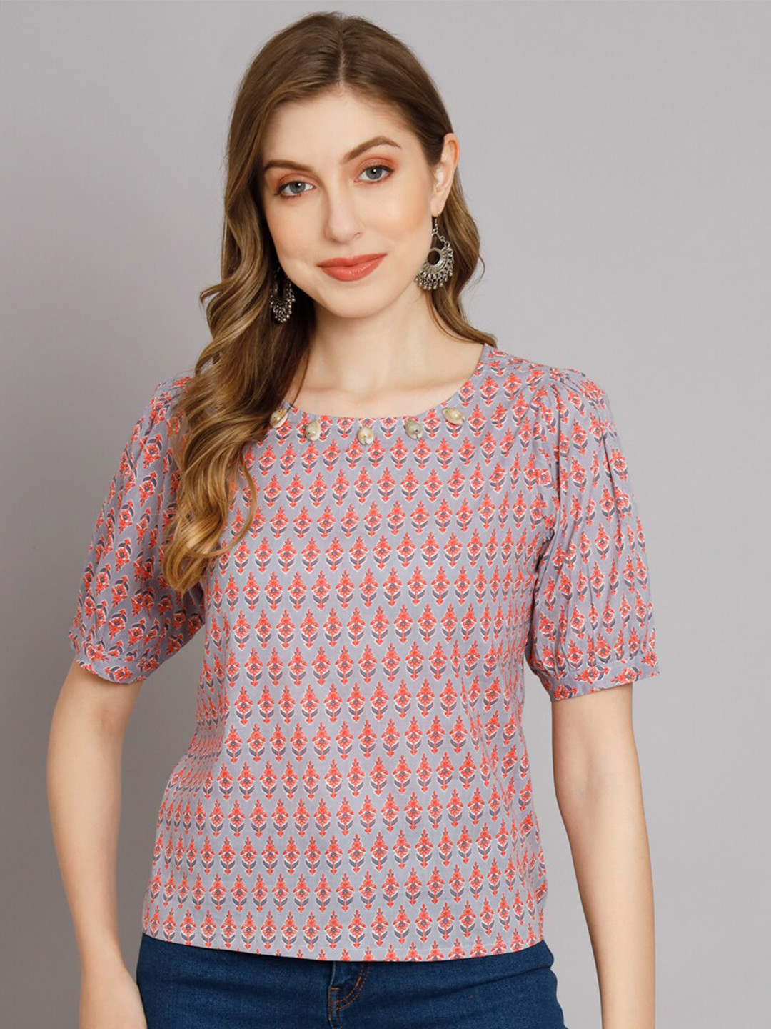 

DECKEDUP Floral Printed Regular Cotton Top, Grey