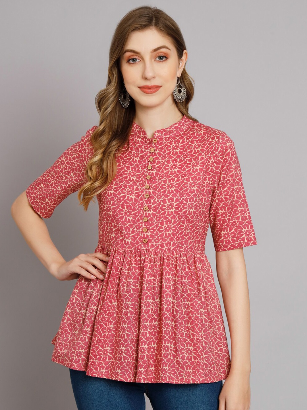 

DECKEDUP Ethnic Motifs Printed Mandarin Collar Cotton Peplum Top, Red