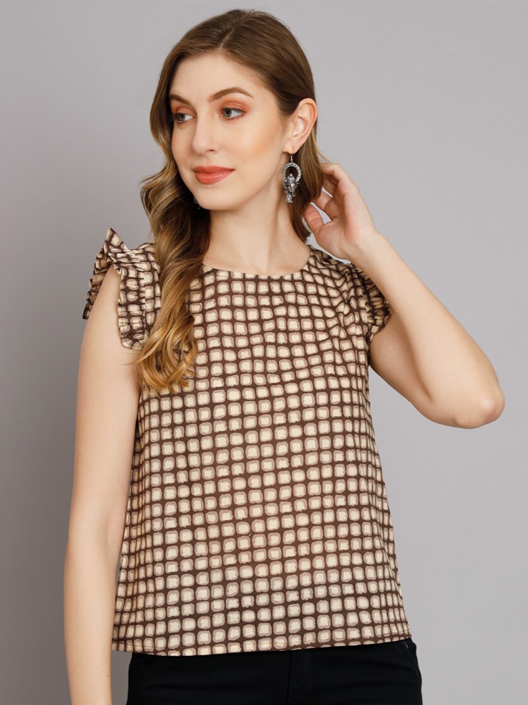 

DECKEDUP Round Neck Checked Ruffles Cotton Top, Yellow
