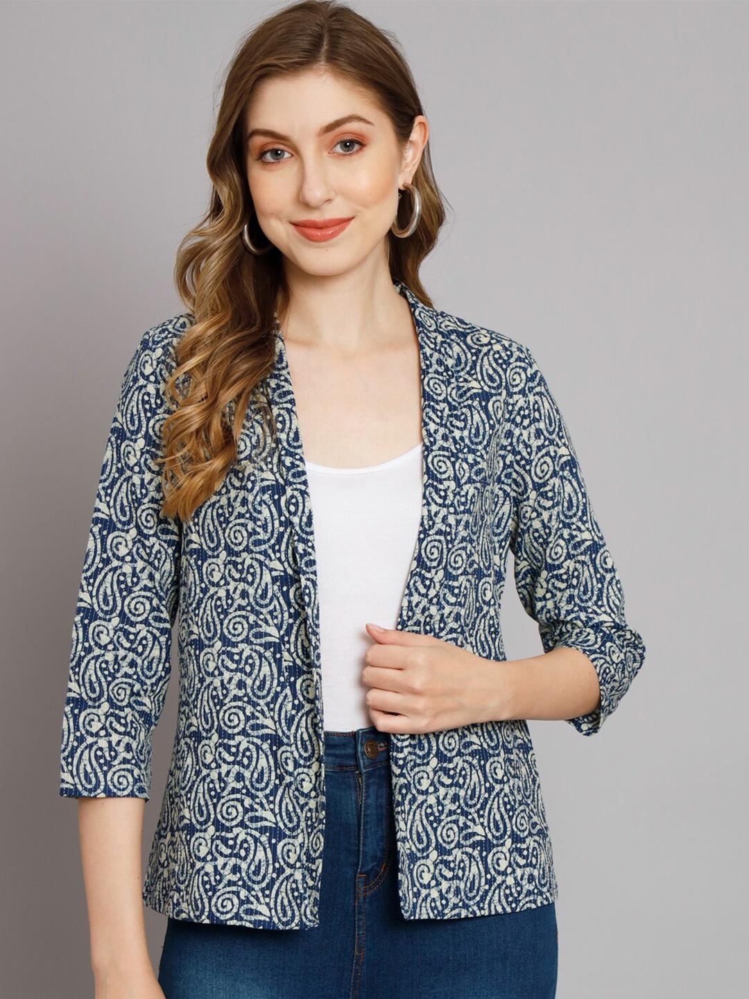 

DECKEDUP Women Printed Cotton Open Front Shrug, Navy blue