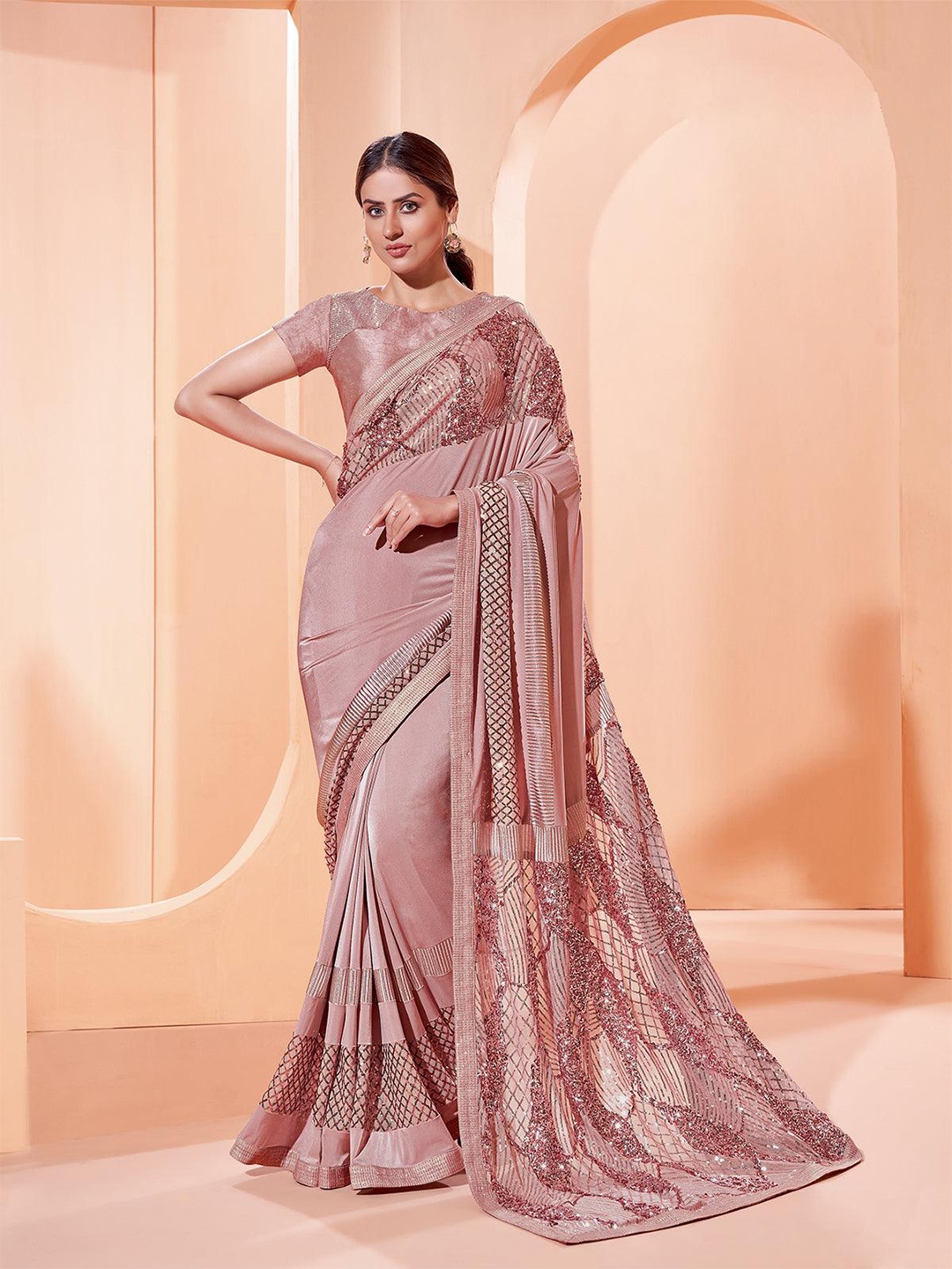 

ODETTE Embellished Sequined Saree, Pink