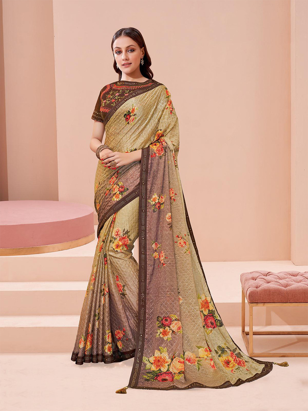 

ODETTE Floral Printed Sequin Saree, Beige