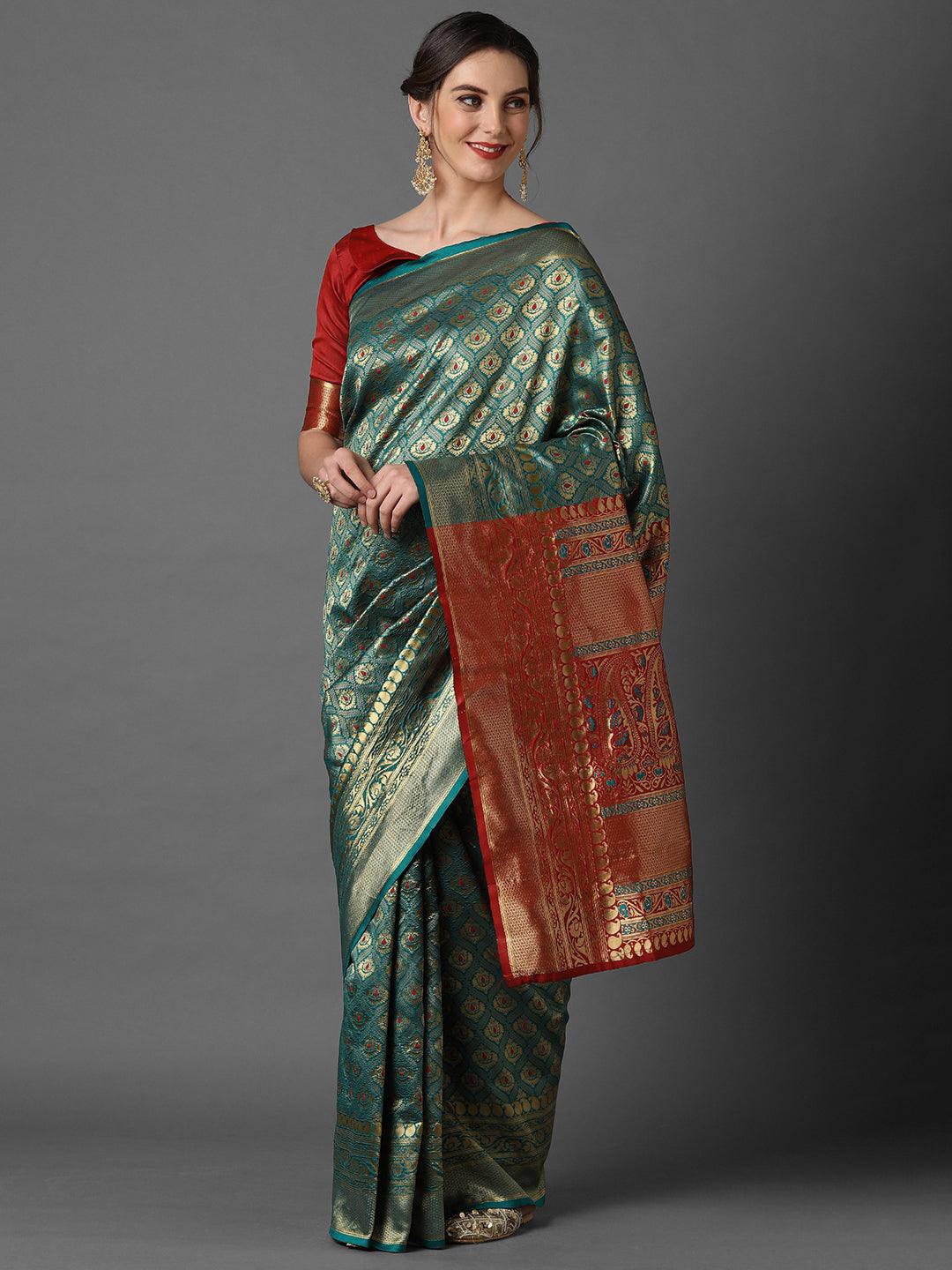 

ODETTE Ethnic Motif Woven Design Zari Saree, Blue