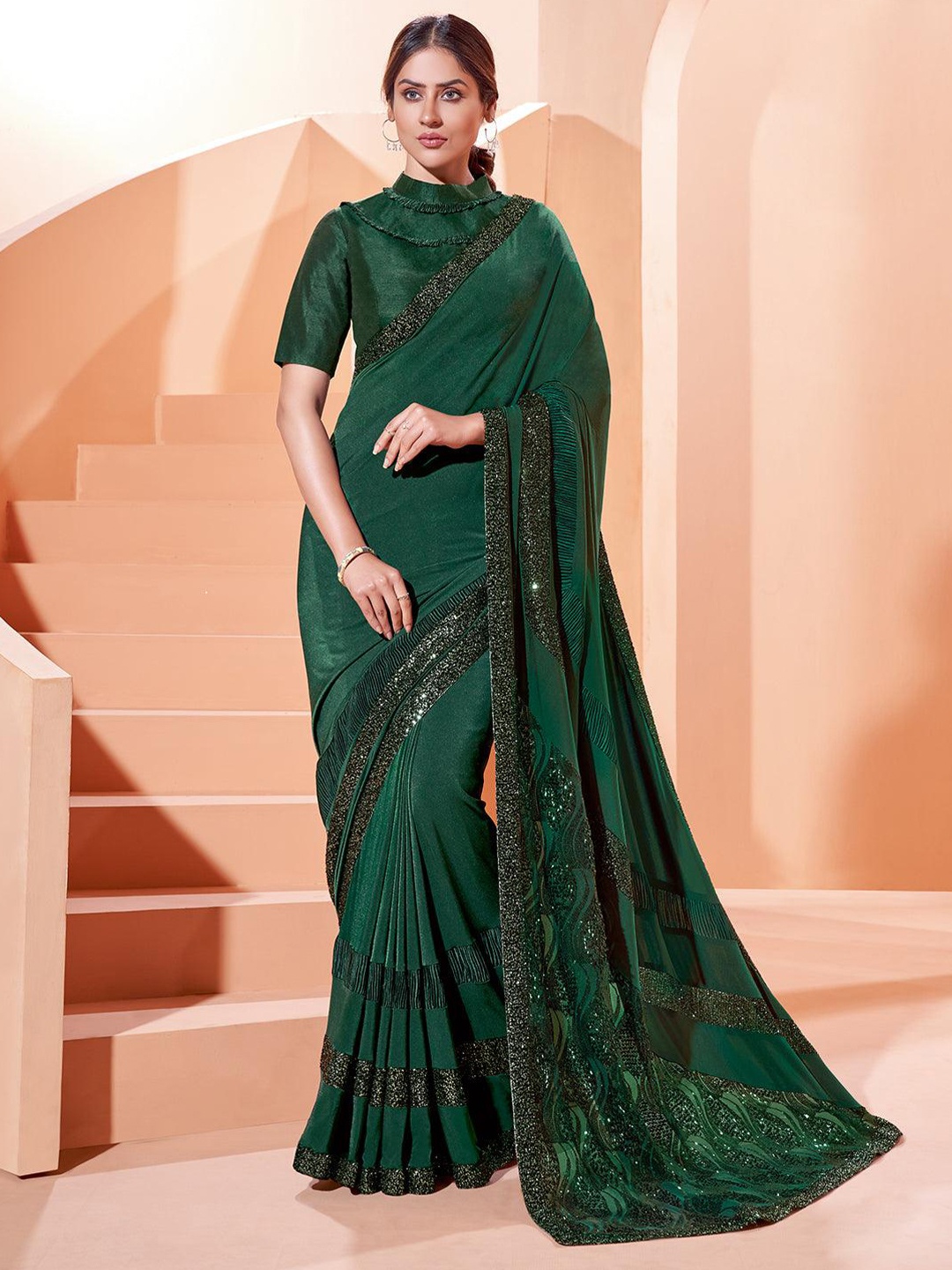 

ODETTE Beads And Stone Embelished Saree, Green