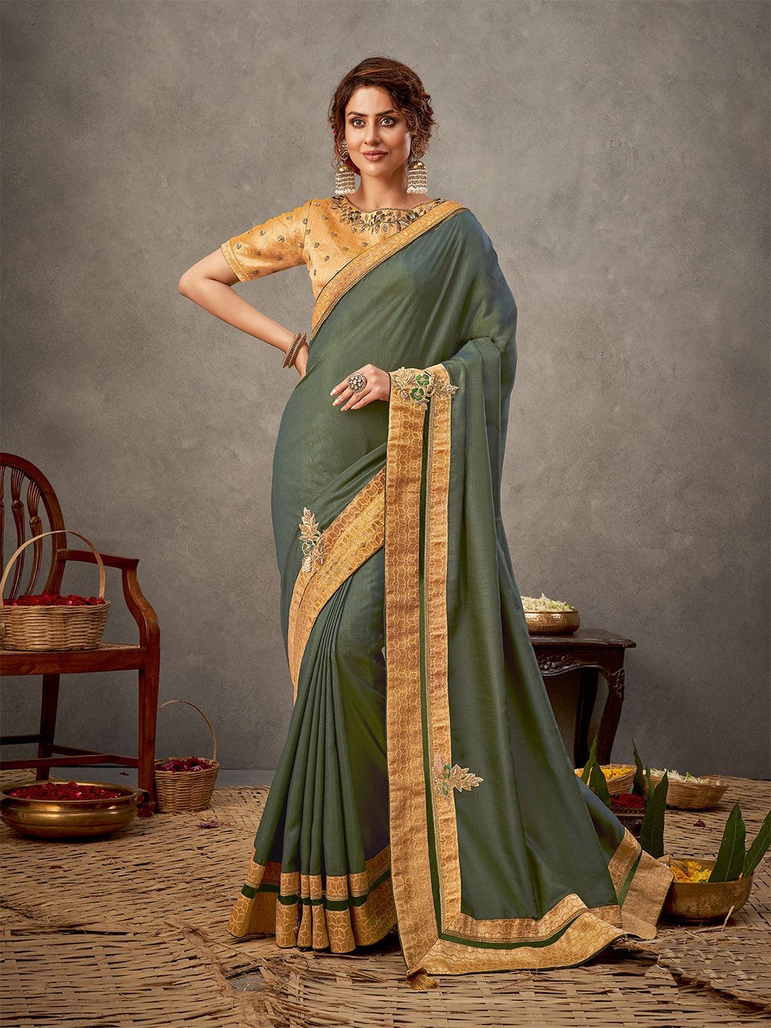 

ODETTE Woven Design Sequined Zari Saree, Green