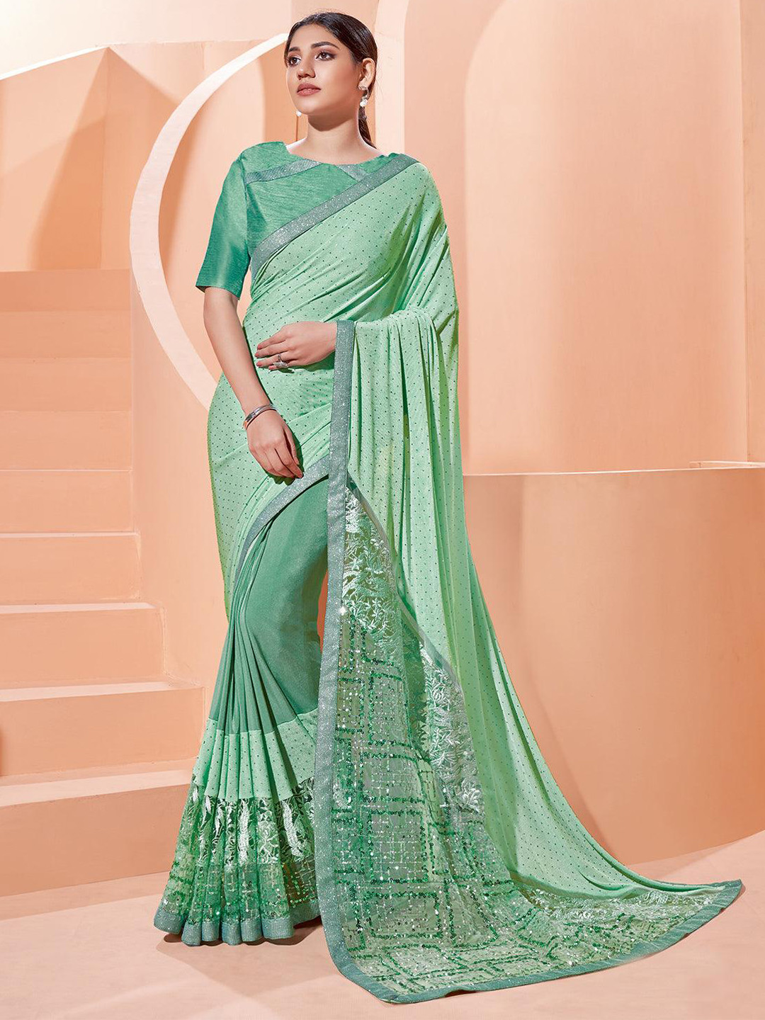 

ODETTE Beads And Stone Embelished Saree, Green