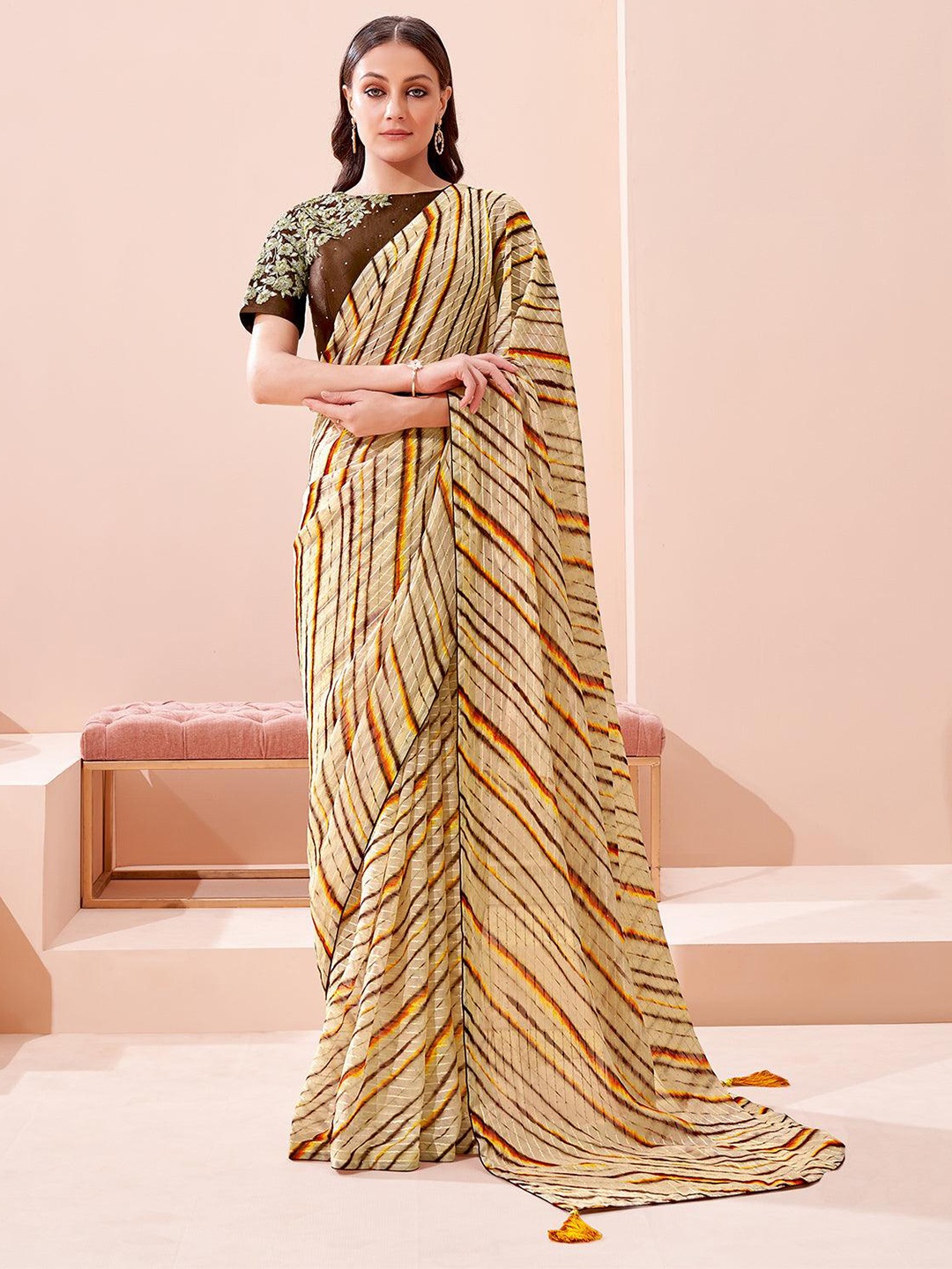 

ODETTE Striped Tassel Detailed Saree, Beige