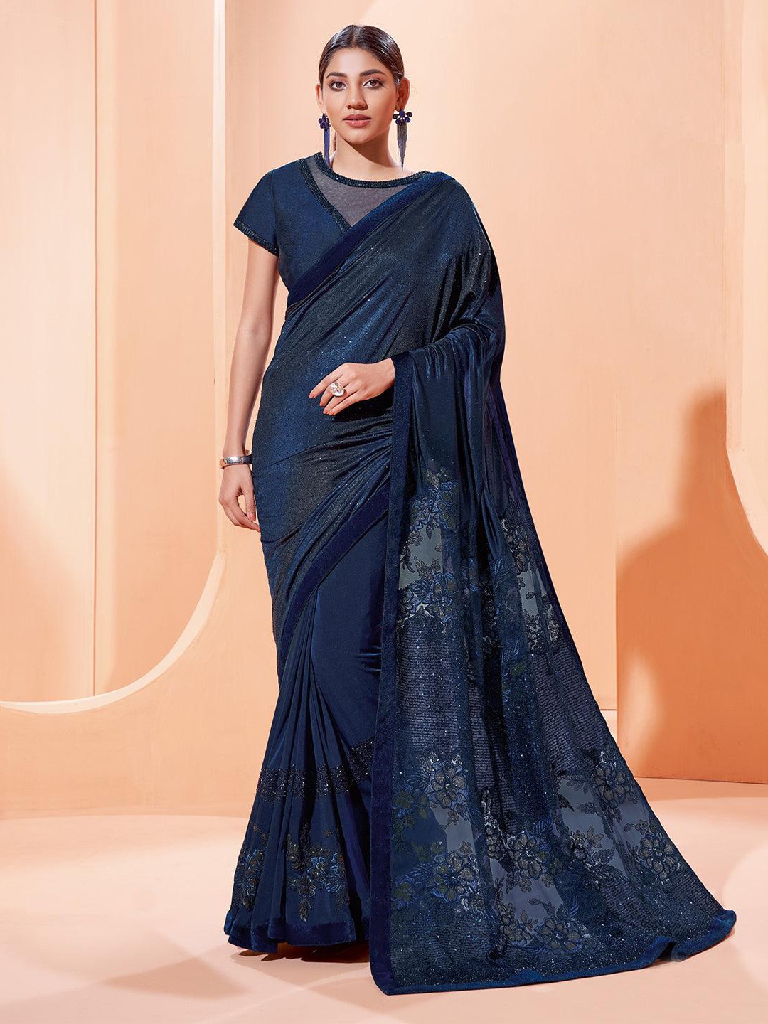 

ODETTE Beads And Stone Embelished Saree, Navy blue