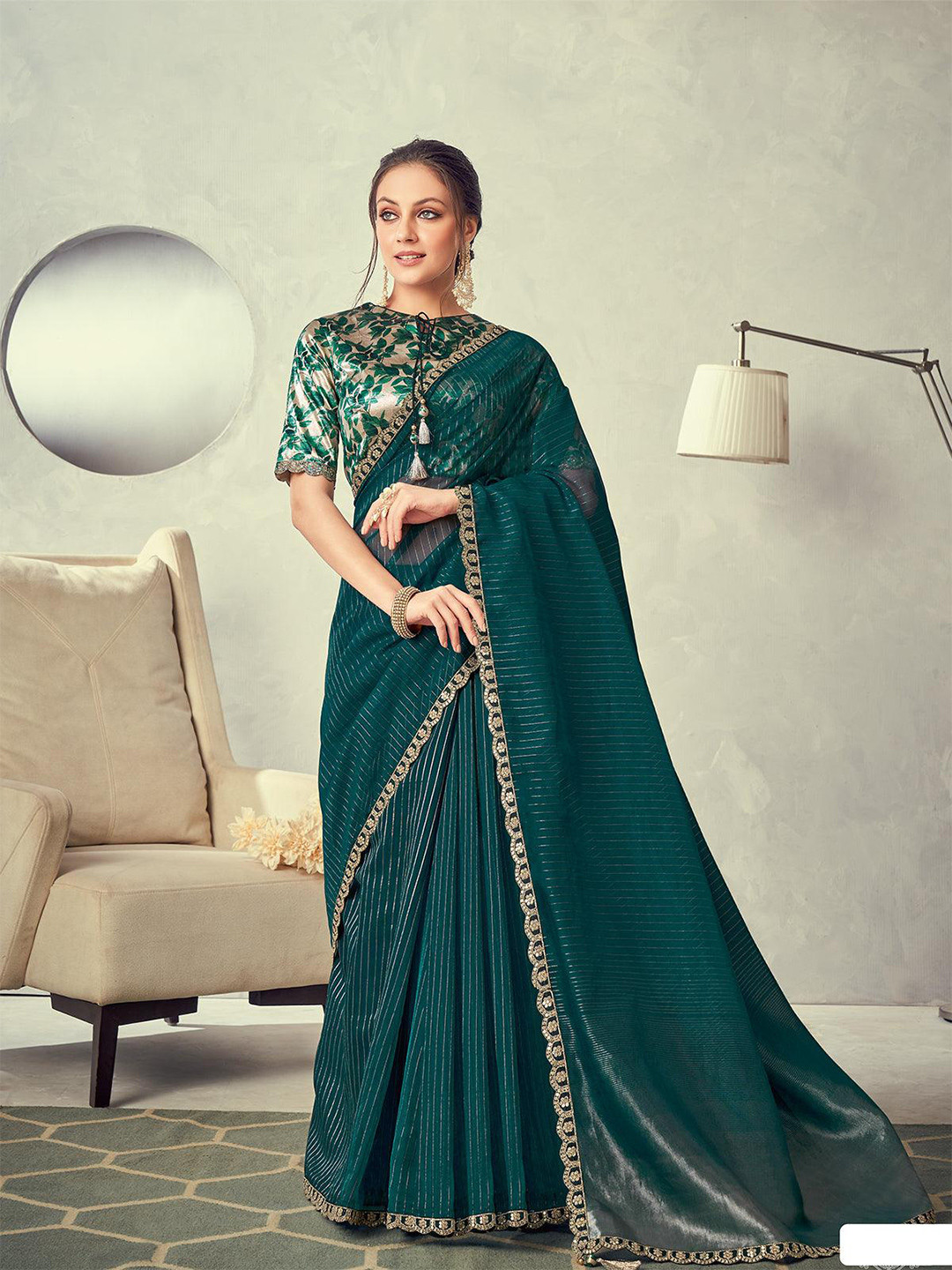 

ODETTE Embroidered Tissue Saree, Teal