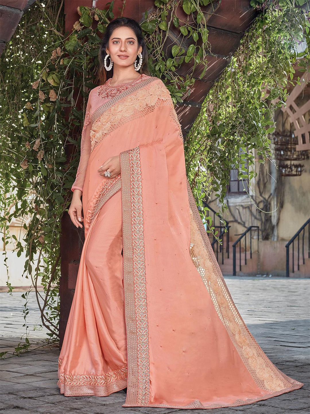 

ODETTE Beads And Stone Embelished Saree, Peach