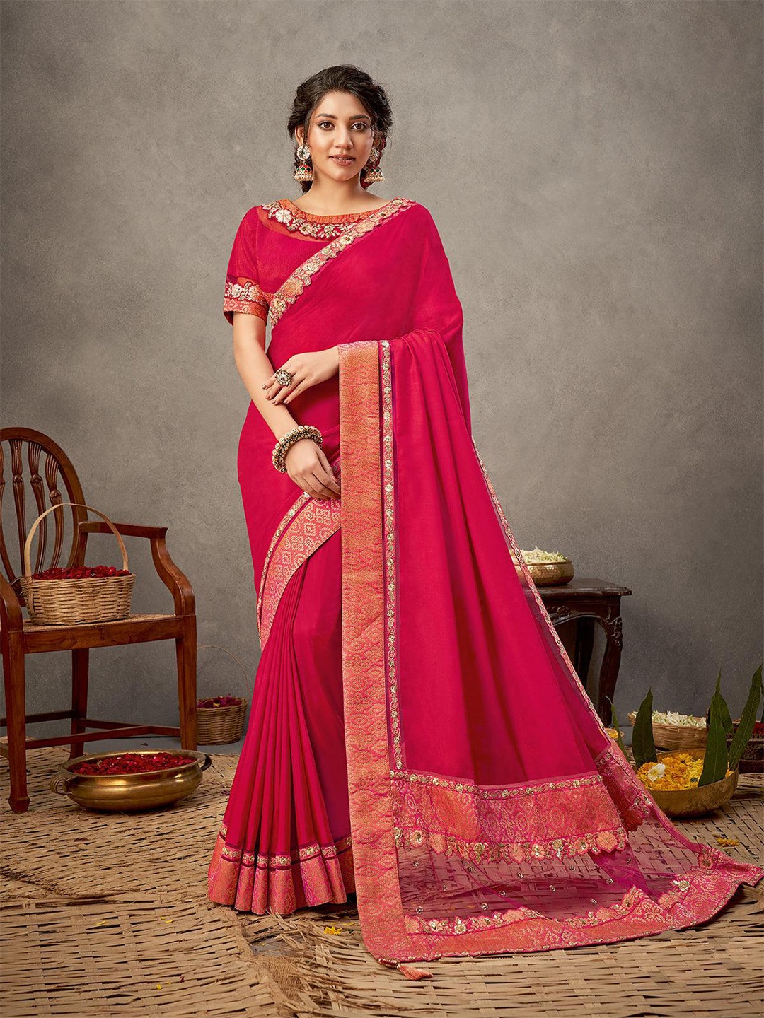 

ODETTE Sequin Embellished Saree, Pink