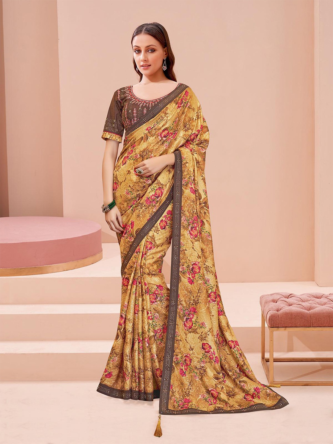 

ODETTE Floral Printed Sequinned Saree, Mustard