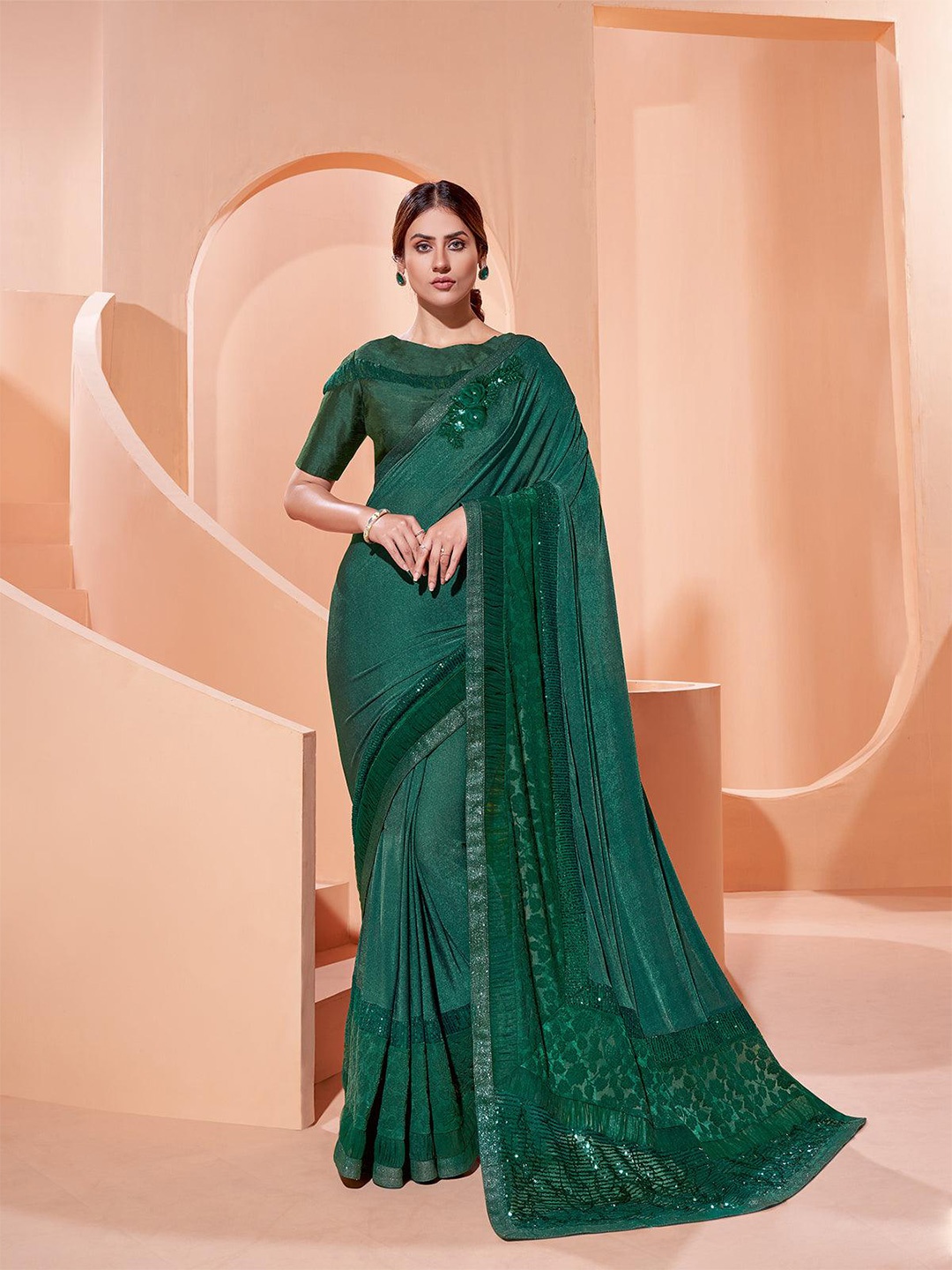 

ODETTE Sequin Embellished Saree, Green