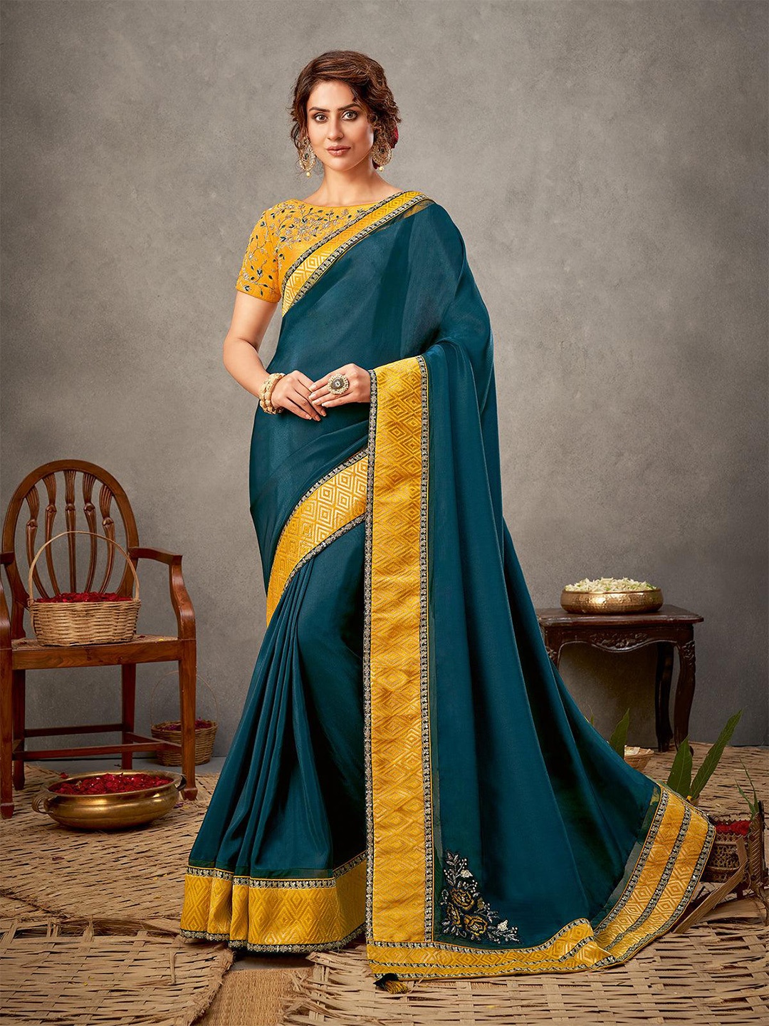 

ODETTE Silk Blend Saree, Teal