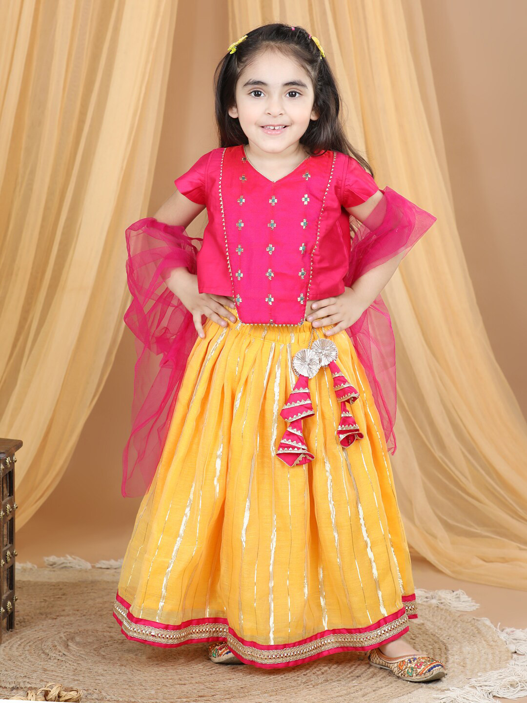

Here&Now X Kinder Kids Girls Embroidered Foil Print Ready to Wear Lehenga & Blouse With Dupatta, Yellow