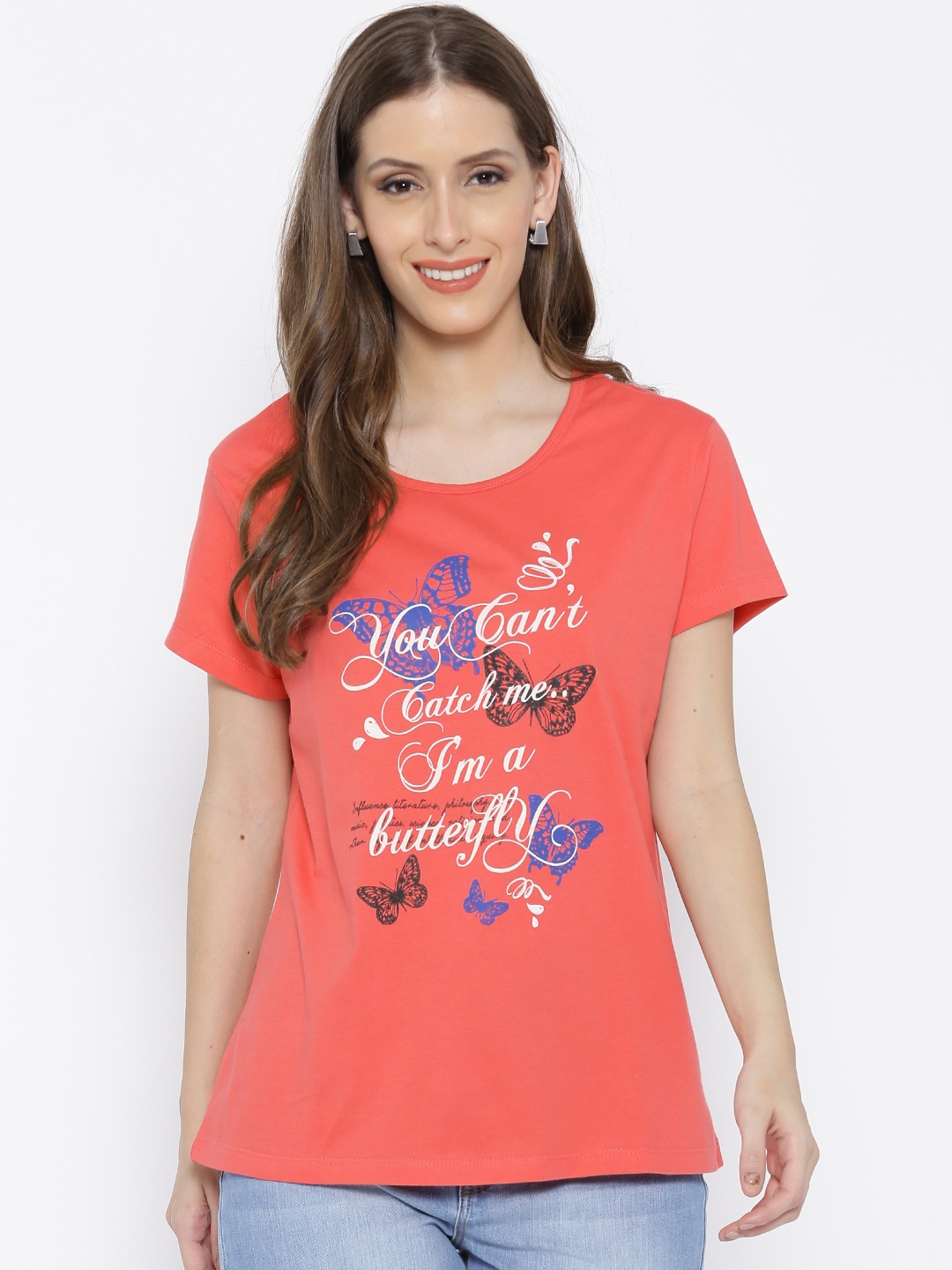 

Style Quotient Women Coral Pink Printed Round Neck T-shirt
