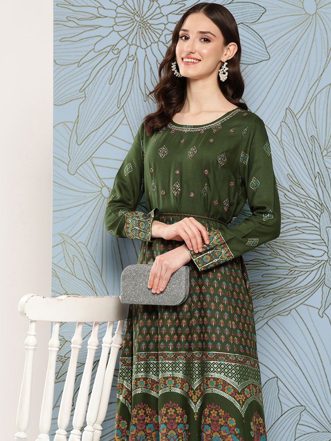 

Yufta Ethnic Motifs Embroidered Mirror Work Cotton Maxi Dress, Green