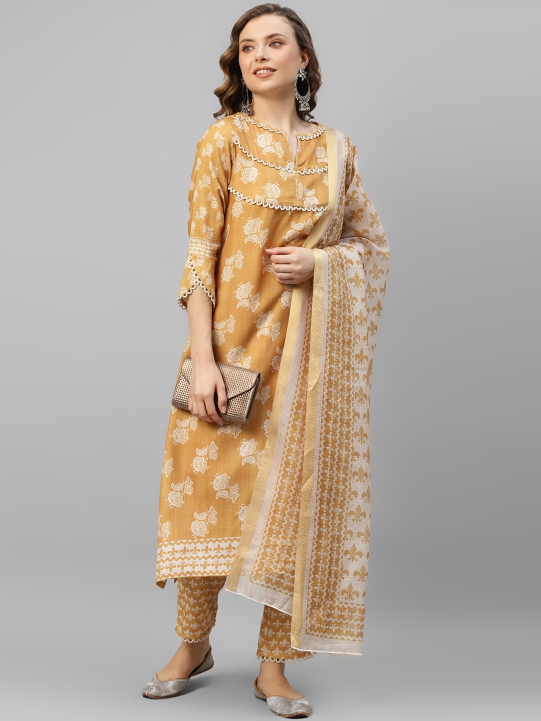 

DEEBACO Floral Printed Linen Kurta with Trousers & Dupatta, Mustard