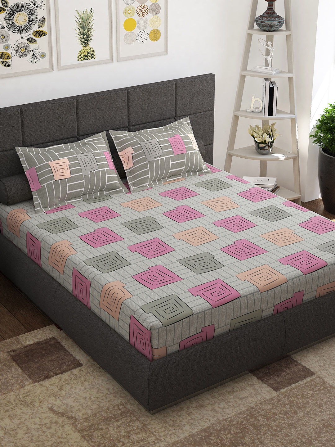 

Story@home Beige White Geometric Cotton 144 TC Queen Bedsheet With 2 Pillow Covers