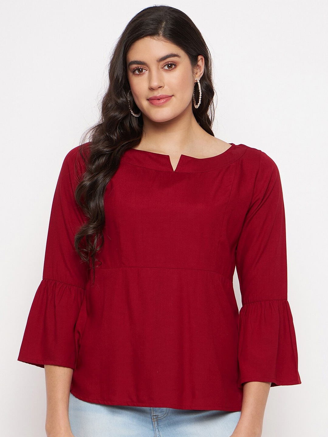 

BRINNS Notched Neck Bell Sleeve A-Line Top, Maroon
