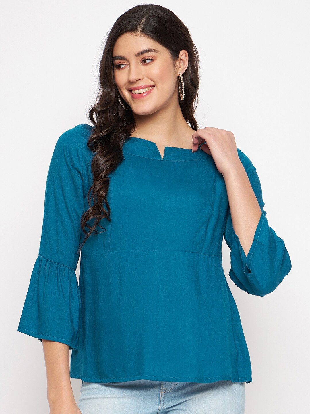 

BRINNS Notched Neck Bell Sleeve A-Line Top, Teal