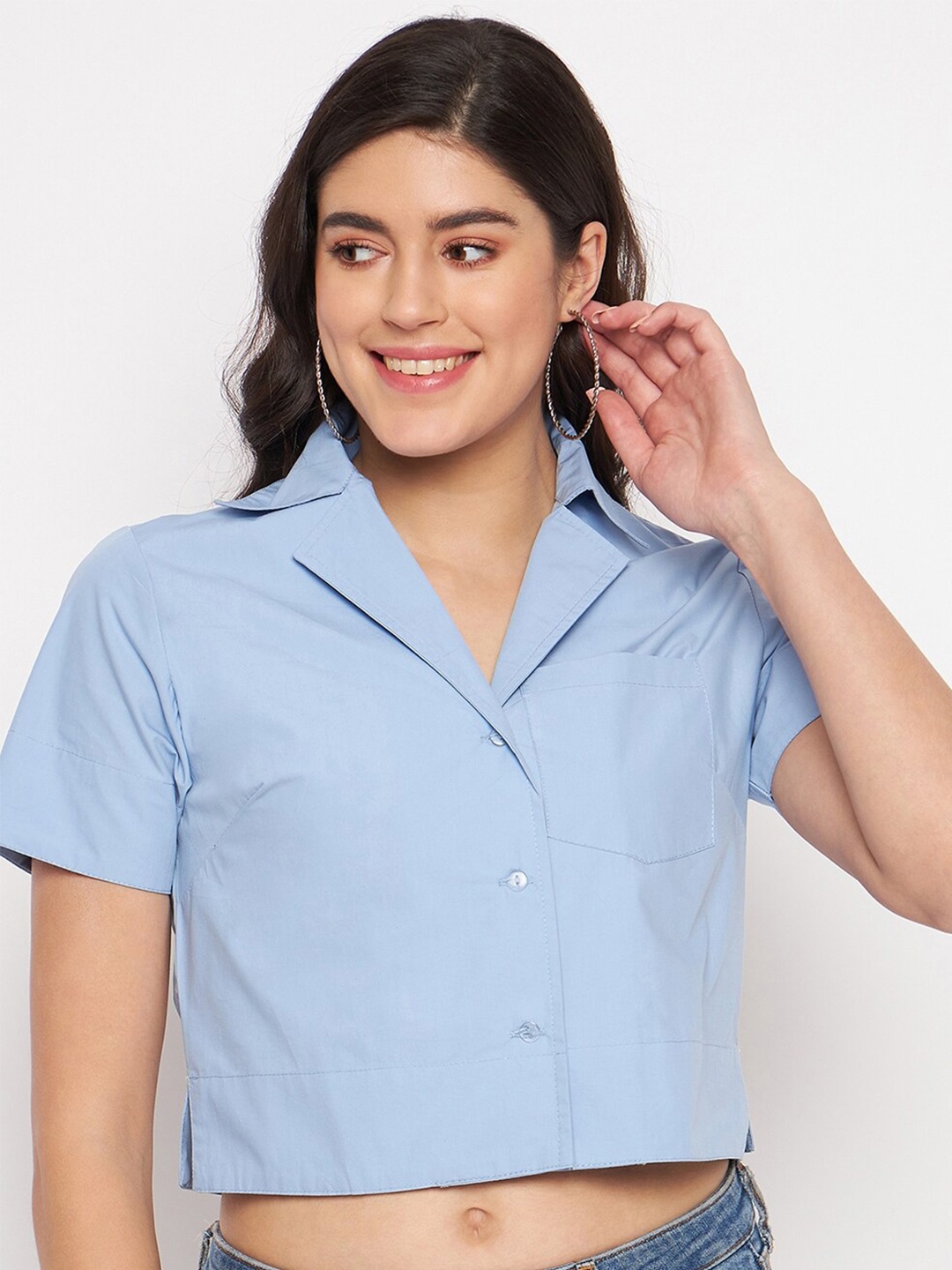 

BRINNS Women Classic Fit Spread Collar Crop Shirt, Blue