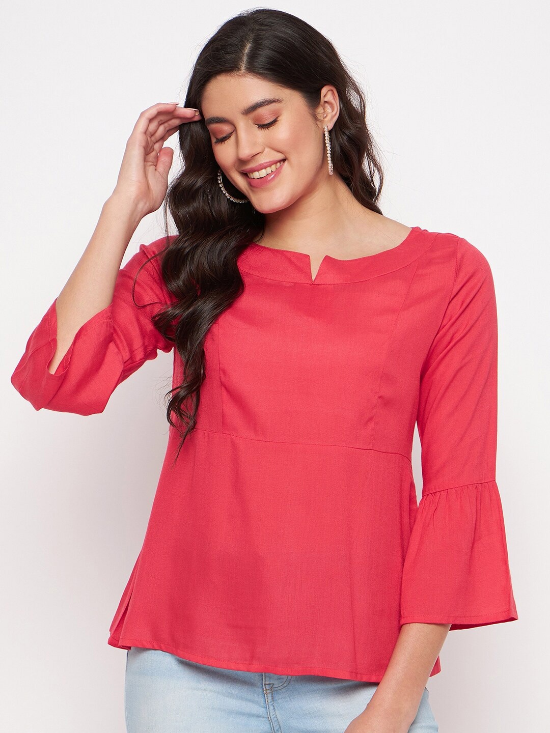 

BRINNS Notched Neck Bell Sleeve A-Line Top, Red