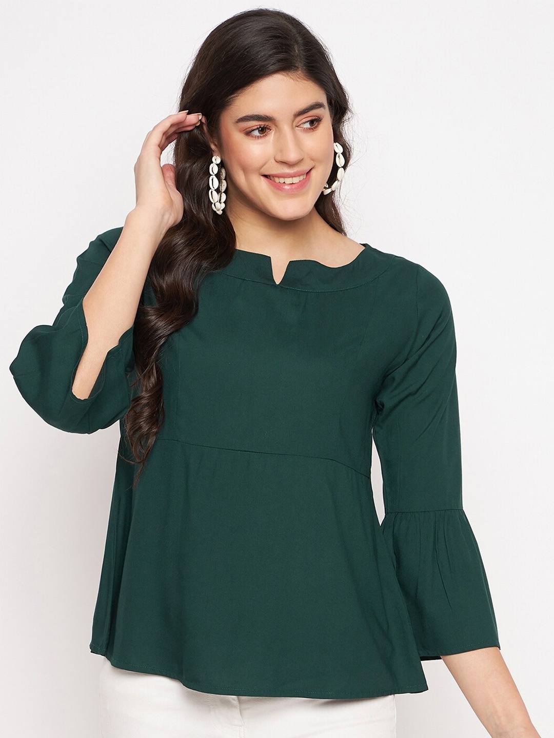 

BRINNS Notched Neck Bell Sleeve A-Line Top, Green