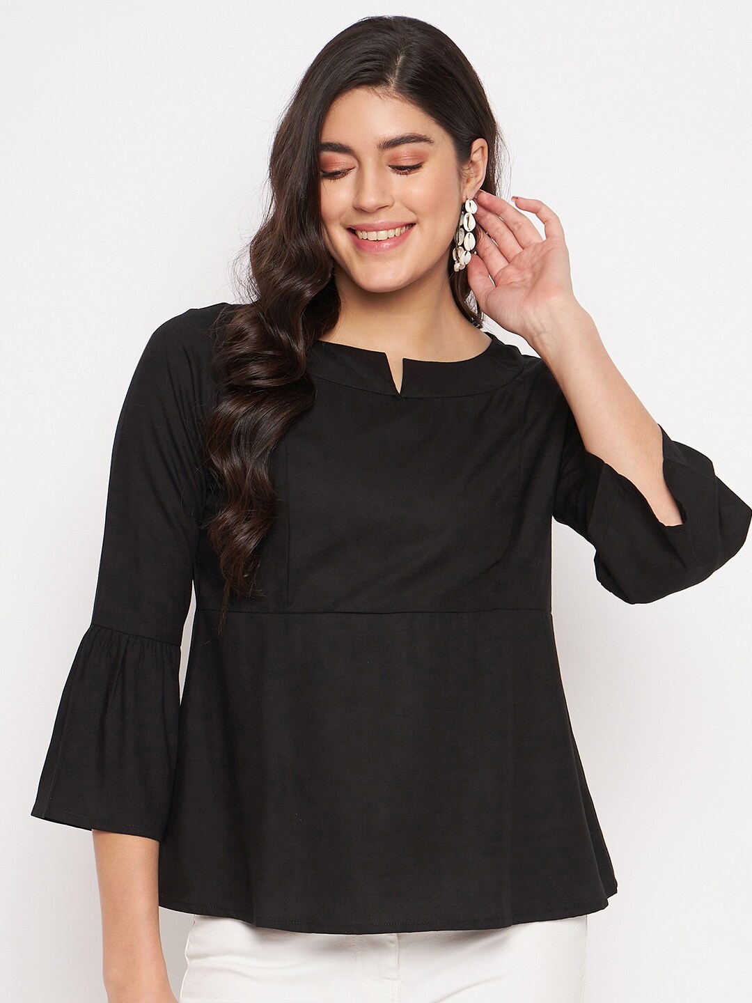 

BRINNS Notched Neck Bell Sleeve Top, Black