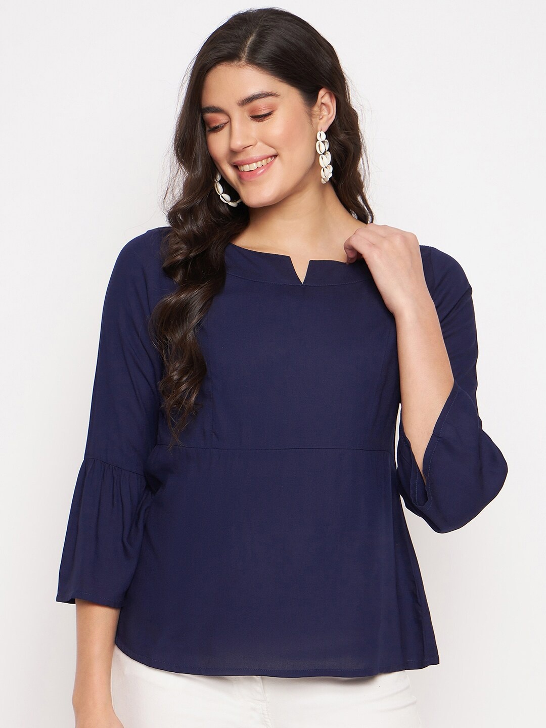 

BRINNS Notched Neck Bell Sleeve Top, Navy blue