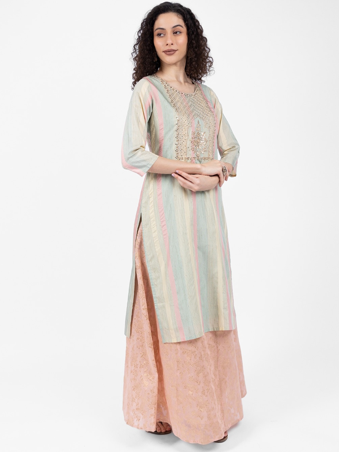 

Rmya Printed A-Line Chanderi Brocade Maxi Skirt, Peach