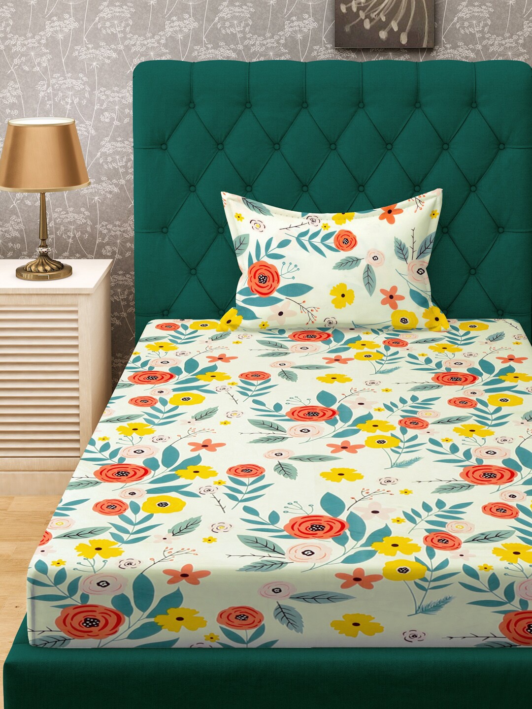 

KLOTTHE White & Green Floral Printed 300 TC Flat Single Bedsheet & 1 Pillow Cover