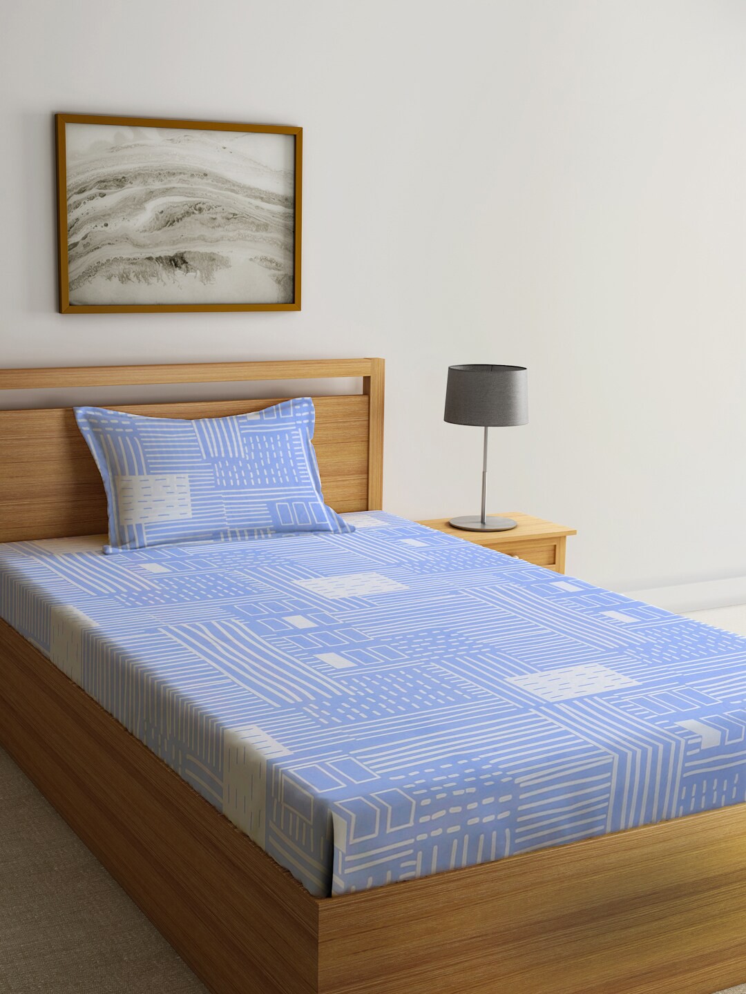 

KLOTTHE White & Blue Geometric Printed 300TC Single Bedsheet & 1 Pillow Cover
