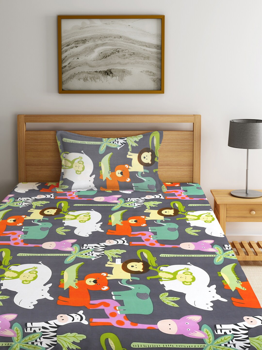 

KLOTTHE Grey Printed 300 TC Single Bed Bedsheet & 1 Pillow Cover