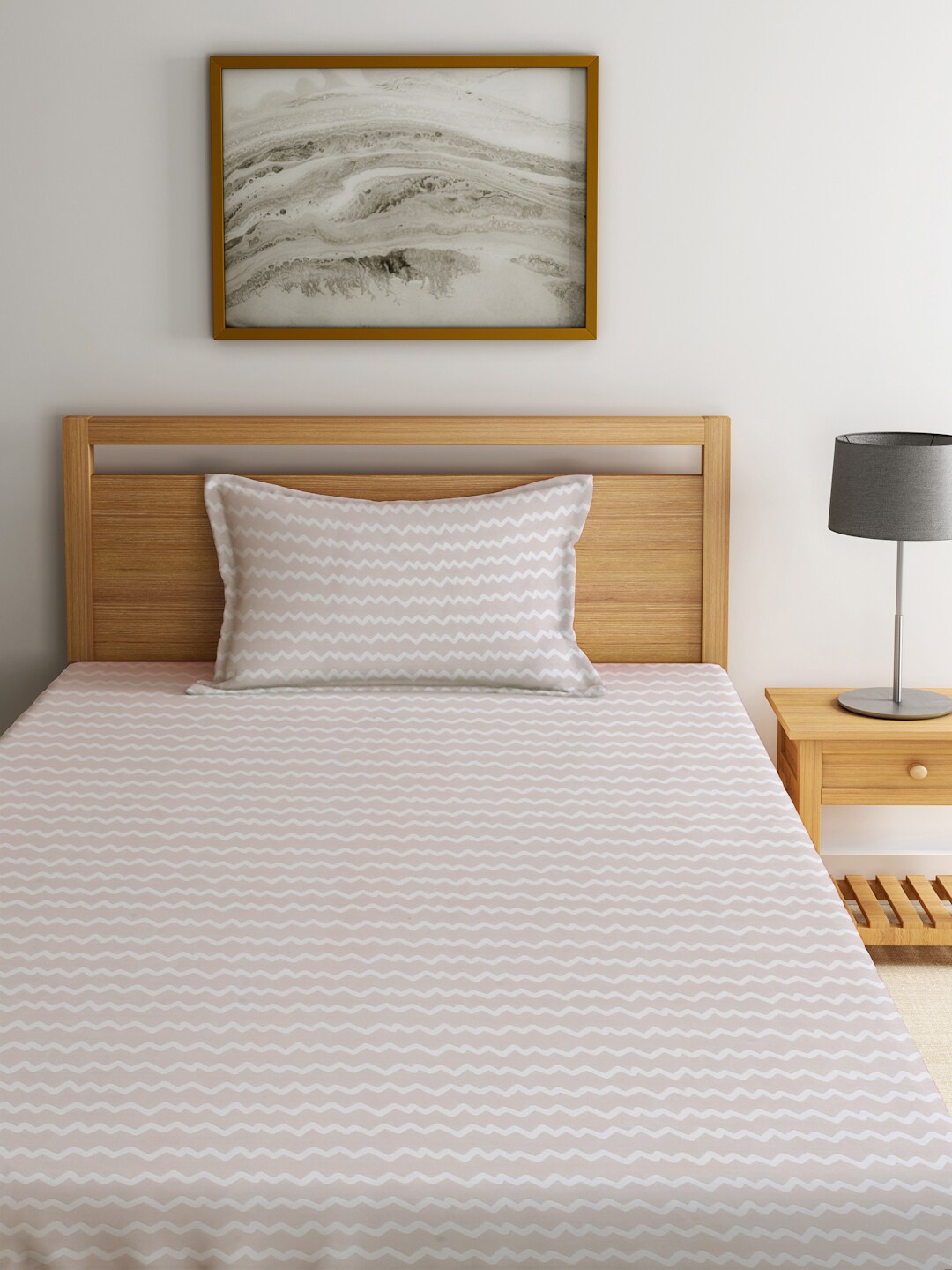 

KLOTTHE Beige & White Geometric Printed 300TC Flat Single Bedsheet & 1 Pillow Cover